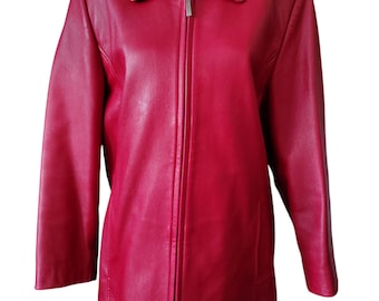 Vintage Liz Claiborne Black Leather Jacket, Burgundy Lined (size L
