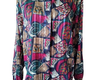 Vintage Yves St Clair-blouse | Juweelkleurige secretaressetop met geometrische print