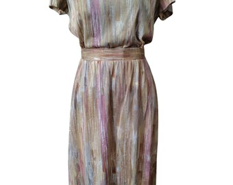 Vintage 1960s Abstract Print Midi Dress – Belted Waist Power Dress – Gold Mauve Brushstroke Pattern