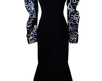 1980s Dave & Johnny black velvet midi length party dress