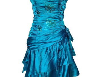 Vintage 1980s Teal Satin Strapless Prom Dress | Green Sequin Cocktail Party Dress
