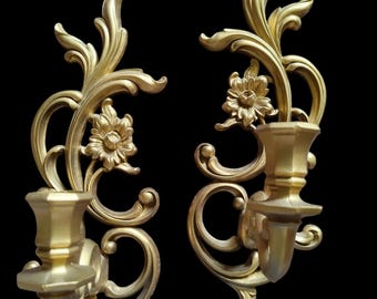 Vintage Gold Wall Sconces Pair Mid Century Hollywood Regency Candle Holders Ornate Floral Syroco Style Wall Decor