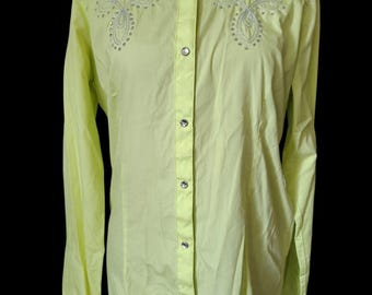 Vintage Wrangler Neon Lime Western Shirt: Rhinestone Beaded Y2K Cowgirl Pearl Snap Cotton