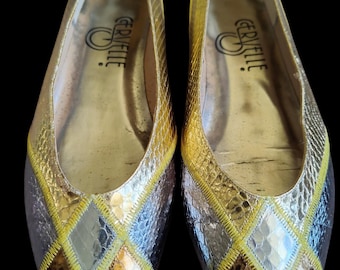 Vintage Cervelle Metallic Patchwork Ballet Flats | Pointed Toe Snakeskin Embossed Shoes | Gold Silver Bronze Harlequin Flats | 1980s 1990s
