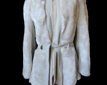 Vintage 1950s/60s Faux Fur Coat — Light Gray Glamour with Waist Tie & Metal Zipper