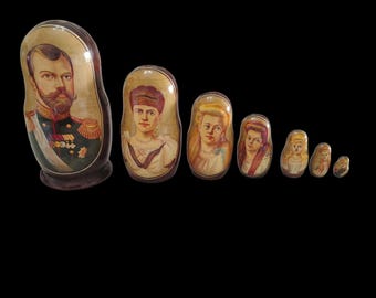 Hand-Painted Romanov Imperial Family Matryoshka Dolls (7-Piece Set, Signed V. Starostin 2003)