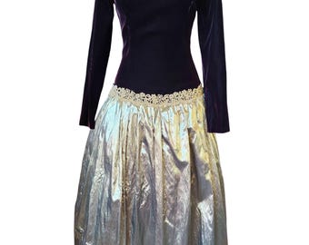 Vintage 80s Scott McClintock Velvet Gown | Gold Lamé Ruffle Back