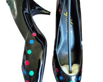 Vintage 1980s AJ Valenci Multi-Color Polka Dot Patent Leather Pumps