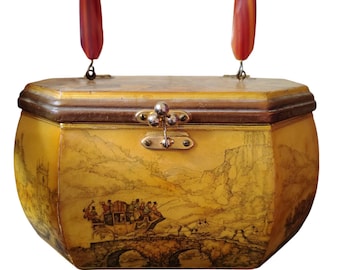 Vintage Anton Pieck Decoupage Octagon Box Purse | Red Lucite Handle Handbag