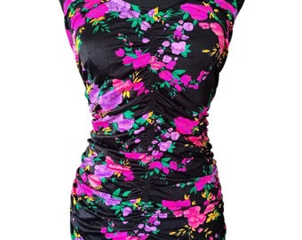 Vintage Maxine of Hollywood neon-gebloemd badpak | Tropische zwemkleding uit één stuk met ruches aan de voorkant | Retro badpak met bloemen | Resortkleding uit de jaren 90