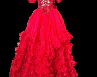 Vintage 1980s Red Sequin Organza Ruffle Ball Gown | Puff Sleeve Formal Dress