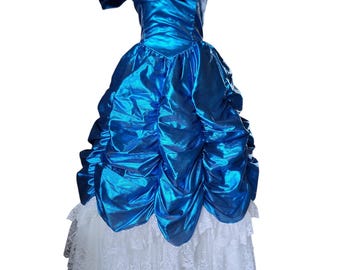 Vintage 1980s Metallic Blue Gown | Dramatic Puff Sleeve Prom Dress, Size 8