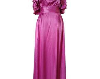 Vintage 80s Magenta Satin Maxi Dress | Ruffle Sleeves, Disco Gown
