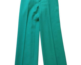 Vintage 1970s Levi's Green High Waisted Leisure Pants | Retro Wide Leg Flare Trousers | Emerald Polyester Disco Pants | Women's 70s Boho Mod