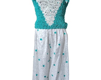Conjunto vintage anos 70/80 BJ by Billie Jo em crochê e tricô, tamanho pequeno | Regata boho texturizada em tons de azul-petróleo e branco e calça cropped de cintura alta