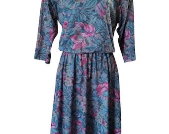 Vintage 1980s Floral Dress | Teal & Pink Botanical Print | Shoulder Pads | Size 10
