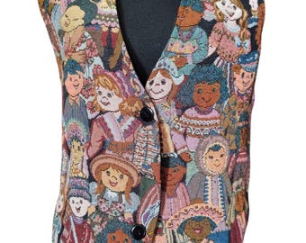 Vintage Children of the World Tapestry Vest | Boho Multicultural Button-Front Medium