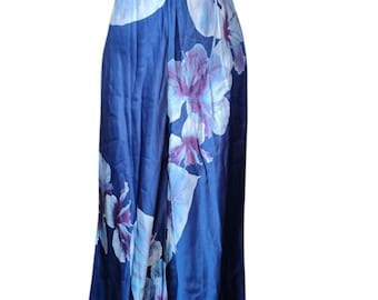 Vintage Victoria's Secret Seiden-Jumpsuit, Größe L, Y2K, blau, Lilienmuster, Neckholder, rückenfrei, weites Bein, Pyjama-Romper, luxuriöser Lounge-Stil