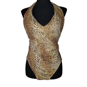 Vintage 90s Coco Reef Leopard Halter One Piece Swimsuit | Bra Sized 36C Ruched Waist