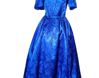 Vintage 1980s Royal Blue Jacquard Evening Gown | Floor Length Formal Dress | Elegant Party Dress