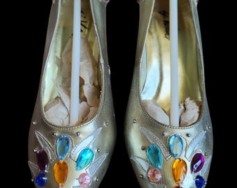 Vtg 80s A.J. Valenci Metallic Gold Multicolor Rhinestone Stiletto Heels