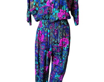 Vintage 1980s Rayon Jumpsuit | Tropical Abstract Print, Smocked Waist Romper