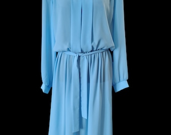 Vintage 80s Powder Blue Dress | Lace Shoulders, Tie Waist, Midi