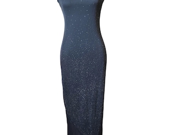 Vintage 90s / Y2K Black Beaded Gown – Spaghetti Straps, Square Neckline, Sheer Asymmetrical Hem