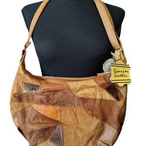 Bolso hobo de cuero patchwork vintage de los años 80 / Bolso de hombro bohemio marrón, nuevo con etiquetas.