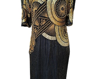 1980s Black Silk Beaded Cocktail Dress | Gold Art Deco Sequin Evening Gown