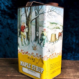 Vintage 1960er Jahre 1 Gallon Pure Maple Sirup Can Illustrierte Tin Litho Rustikale Bauernhausküche