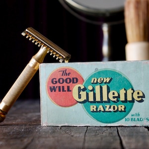 Maquinilla de afeitar de seguridad de doble filo Gillette Goodwill Gold de la década de 1930 en caja de cartón original