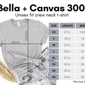 May include: A gray Bella + Canvas 3001 unisex crew neck t-shirt with size chart showing measurements in inches. The chart shows the length and width of the shirt in sizes XS, S, M, L, XL, 2X, 3X, and 4X.