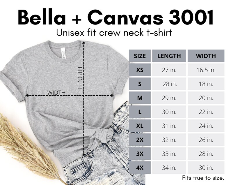 May include: A gray Bella + Canvas 3001 unisex crew neck t-shirt with size chart showing measurements in inches. The chart shows the length and width of the shirt in sizes XS, S, M, L, XL, 2X, 3X, and 4X.