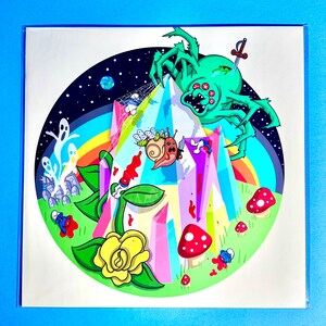 May include: A colorful, psychedelic illustration of a crystal with a rainbow, a spider, a snail, and mushrooms. The crystal is surrounded by a green field with a yellow rose.