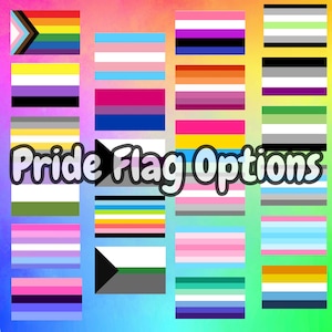 May include: A collection of various rectangular pride flags arranged in a grid, featuring diverse color combinations and horizontal stripes. The text "Pride Flag Options" is overlaid in white with a dark outline across the center of the image.