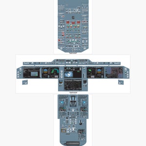 Pode incluir: Uma ilustração detalhada de um cockpit de avião com uma variedade de controles e instrumentos. O cockpit é pintado em cinza claro com detalhes em preto e branco. A ilustração inclui uma variedade de botões, interruptores e mostradores, bem como uma tela grande no centro do cockpit.