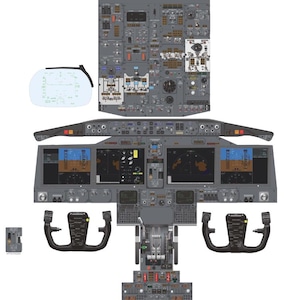 Puede incluir: Una ilustración detallada de la cabina de un avión Boeing 737 MAX. La imagen muestra el panel de instrumentos, el yugo de control y otros controles de vuelo. El texto "Boeing 737 MAX" es visible en la parte superior de la imagen.