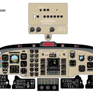 May include: A detailed illustration of the cockpit of a King Air B200 aircraft. The image shows a variety of gauges, switches, and controls, including a compass, altimeter, airspeed indicator, and engine gauges. The image is a useful tool for pilots and aviation enthusiasts.