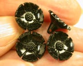 VINTAGE Czech Lucite Button Beads Black Flowers 12mm pkg4 res184