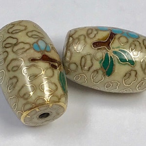 CLOISONNE Beads BARREL Tan blue flowers Chinese Vintage 20mm pkg 2 clo29