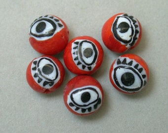 Vintage Glass Beads RED BLACK Millefiori EYES 8-9.5 mm pkg6 eye8