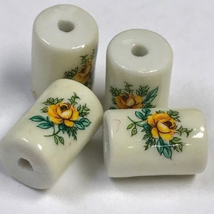 TENSHA PORCELAIN Japanese DECAL Barrel Bead Vintage 12x8mm pkg4 por19