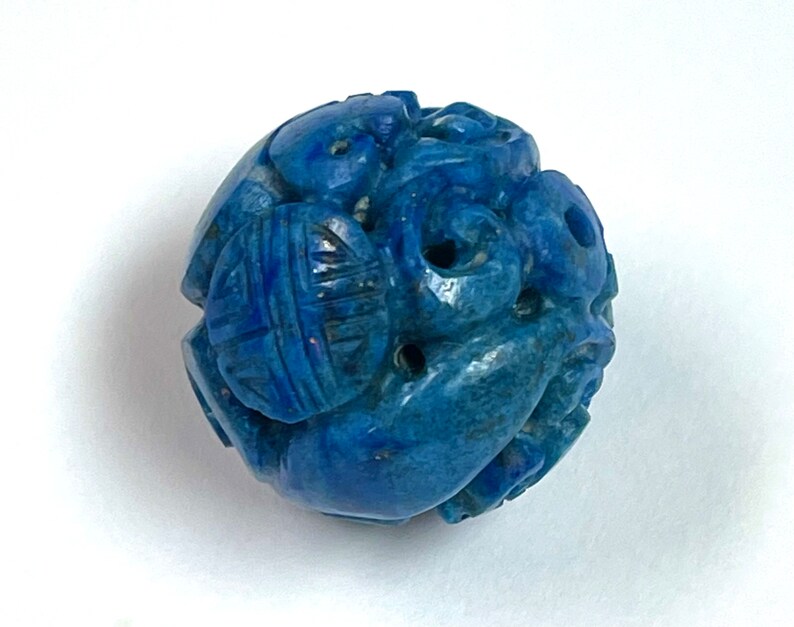 LAPIS LAZULI Vintage Hand Carved Bead SHOU symbol 22mm pkg1 CB5 image 3