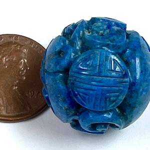 LAPIS LAZULI Vintage Hand Carved Bead SHOU symbol 22mm pkg1 CB5 image 1