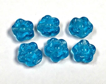 Vintage Czech GLASS BEADS Blue Flowers 8x3.5mm pkg6 gl878