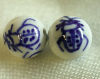 VINTAGE Chinese PORCELAIN Beads Lapis Blue LADYBUGS pkg4 11.5mm POR15