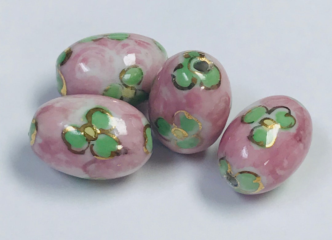 磁器製中国ビーズ ピンクグリーン ヴィンテージ 16 x 11 mm pkg4 POR8