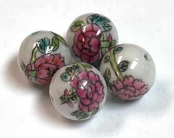 VINTAGE CHINESE Pink Roses Porcelain BEADS 12mm pkg4 POR78