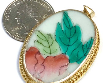 ANTIQUE Chinese PORCELAIN Shard PENDANT Qing Dynasty Tree Leaves Pink Flower pt19